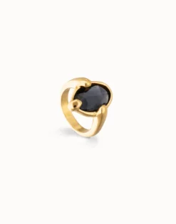 Anillo bañado en oro 18k con cristal facetado ovalado negro