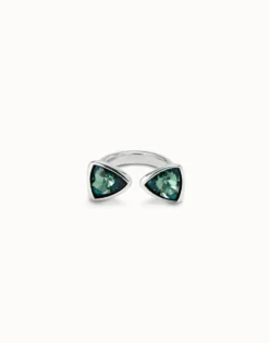 Anillo bañado en plata de ley con dos cristales verdes triangular