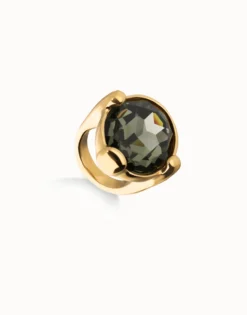 Anillo grande bañado en oro 18k con cristal facetado ovalado gris