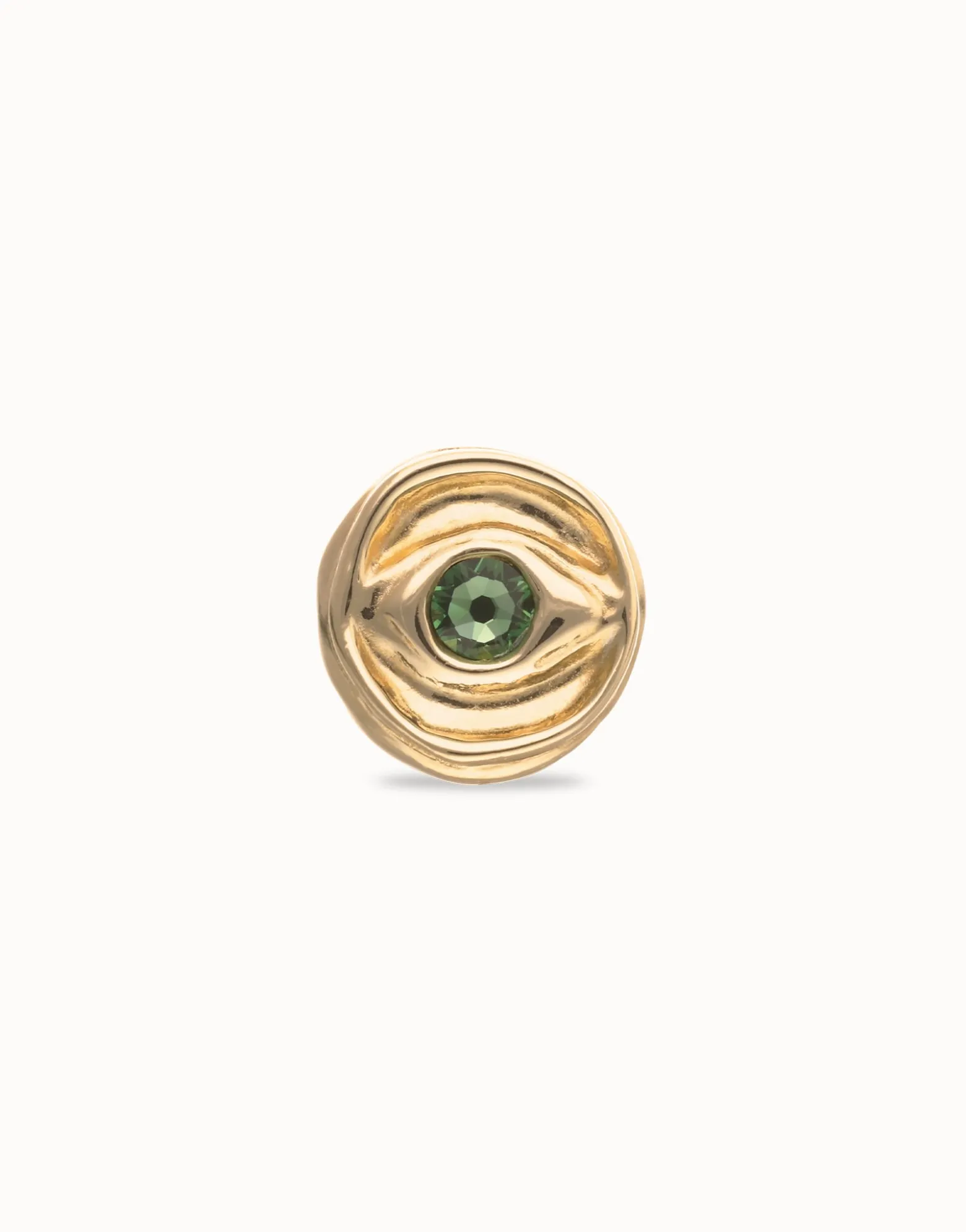 Anillo tipo sello bañado en oro 18k y forma de ojo con cristal facetado verde