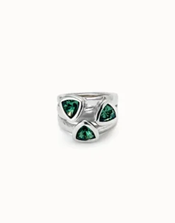 Anillo triangular bañado en plata de ley cristales verdes