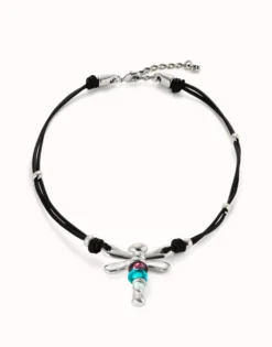 Collar de cuero y libélula bañado en plata de ley con cristales
