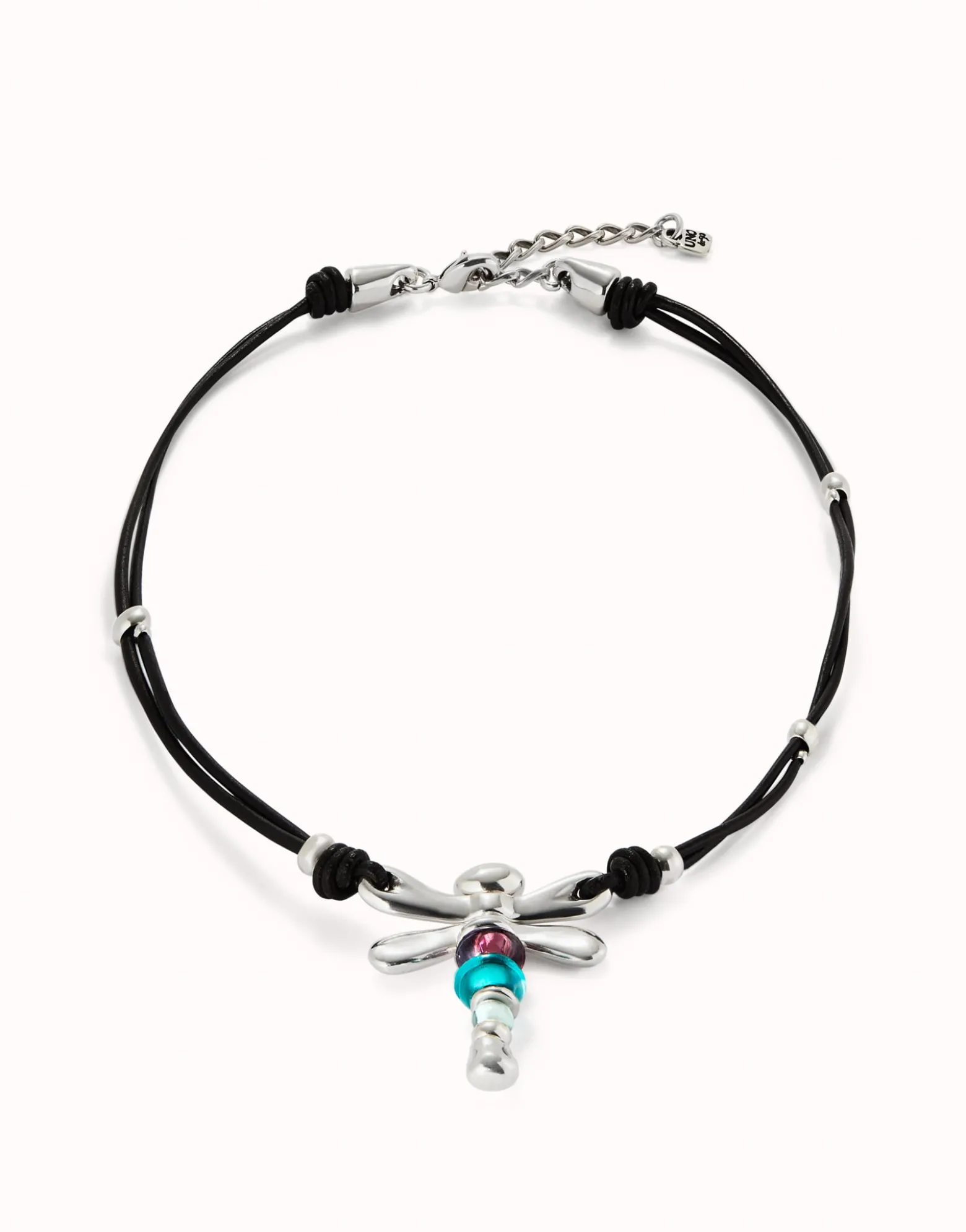 Collar de cuero y libélula bañado en plata de ley con cristales