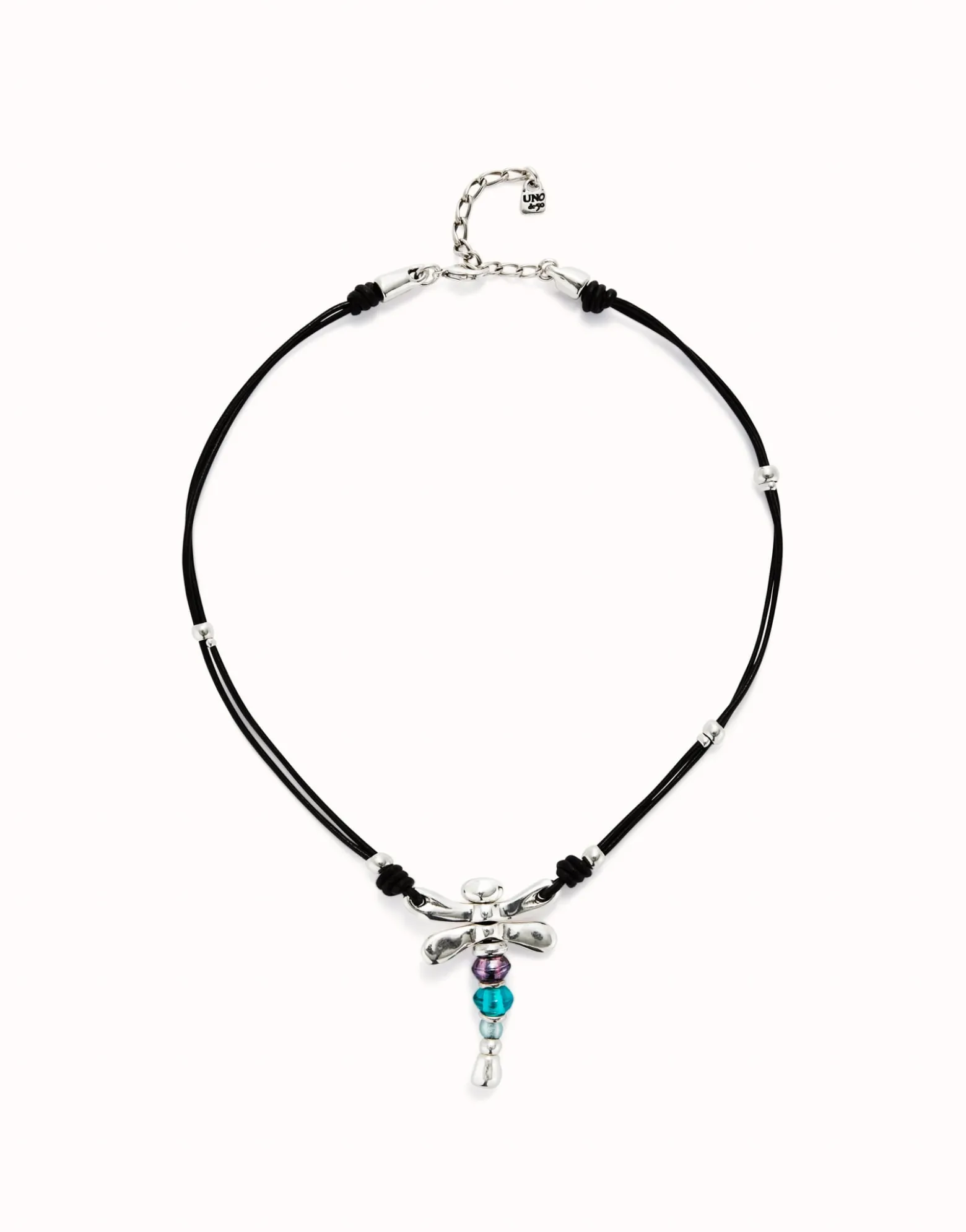 Collar de cuero y libélula bañado en plata de ley con cristales
