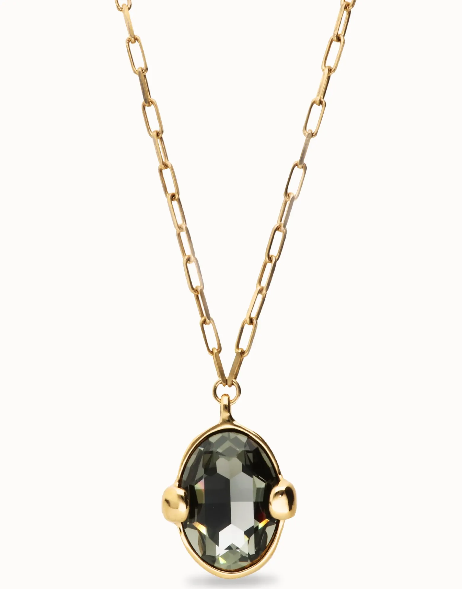 Collar largo bañado en oro 18k con cristal facetado ovalado gris