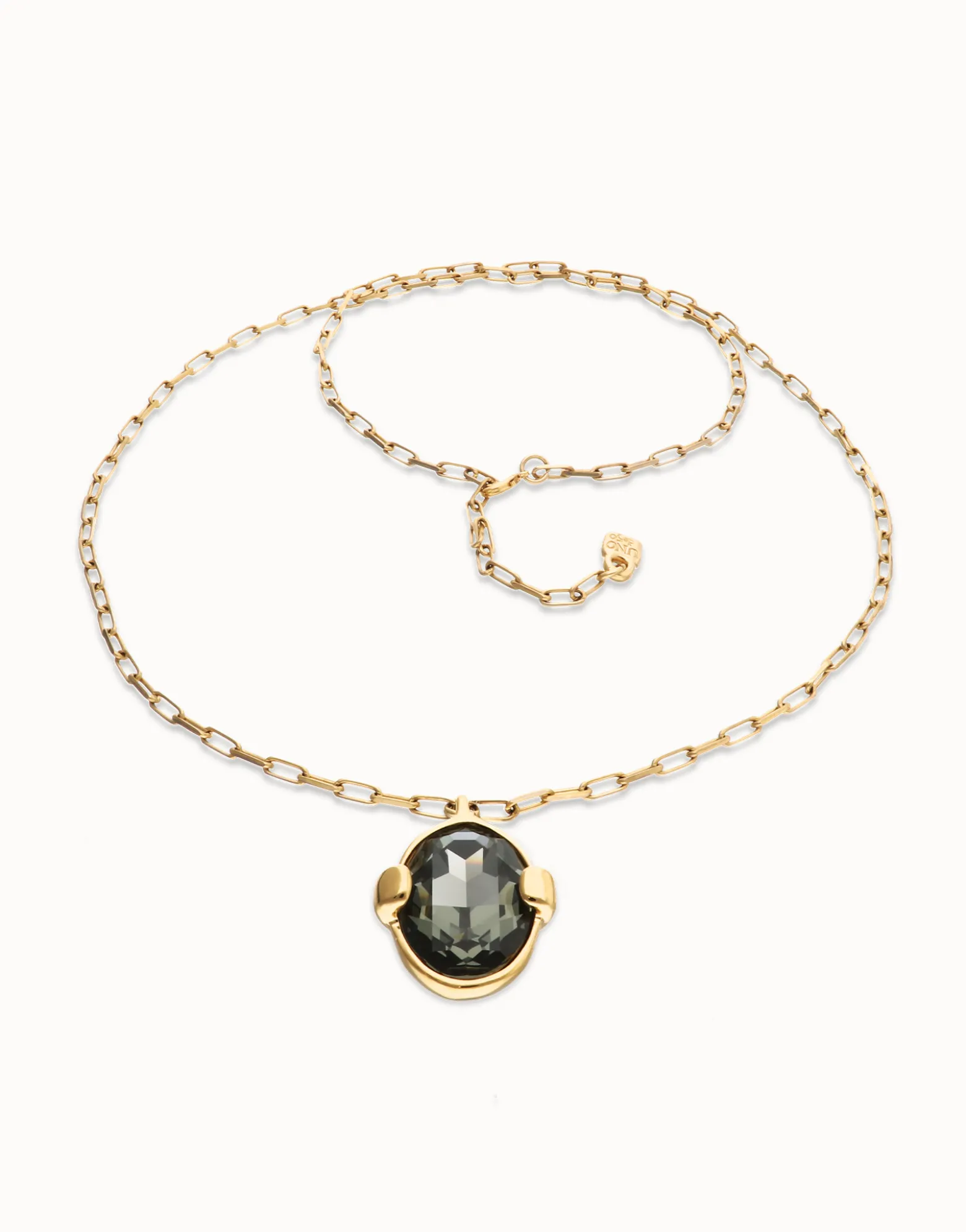 Collar largo bañado en oro 18k con cristal facetado ovalado gris