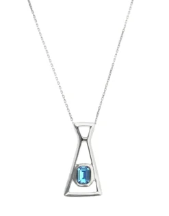 Collar largo con colgante bañado en plata de ley y cristal facetado rectangular azul