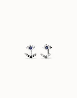 Pendientes bañados en plata en forma de ojo con pestañas y cristal facetado azul