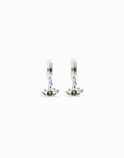 Pendientes de aro bañados en plata de ley con forma ojo y cristal facetado verde