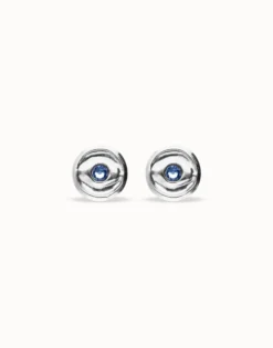 Pendientes de botón bañados en plata con cristal facetado azul