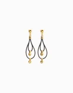 Pendientes de cuero largo doble con detalle de esfera bañado en oro 18k