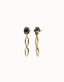 Pendientes largos bañados en oro 18k con cristal facetado negro y eslabones