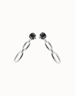 Pendientes largos bañados en plata con cristal facetado negro y eslabones