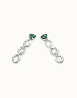 Pendientes largos con eslabones y cristal verde triangular