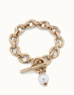 Pulsera bañada en oro 18k con eslabones y charm de perla
