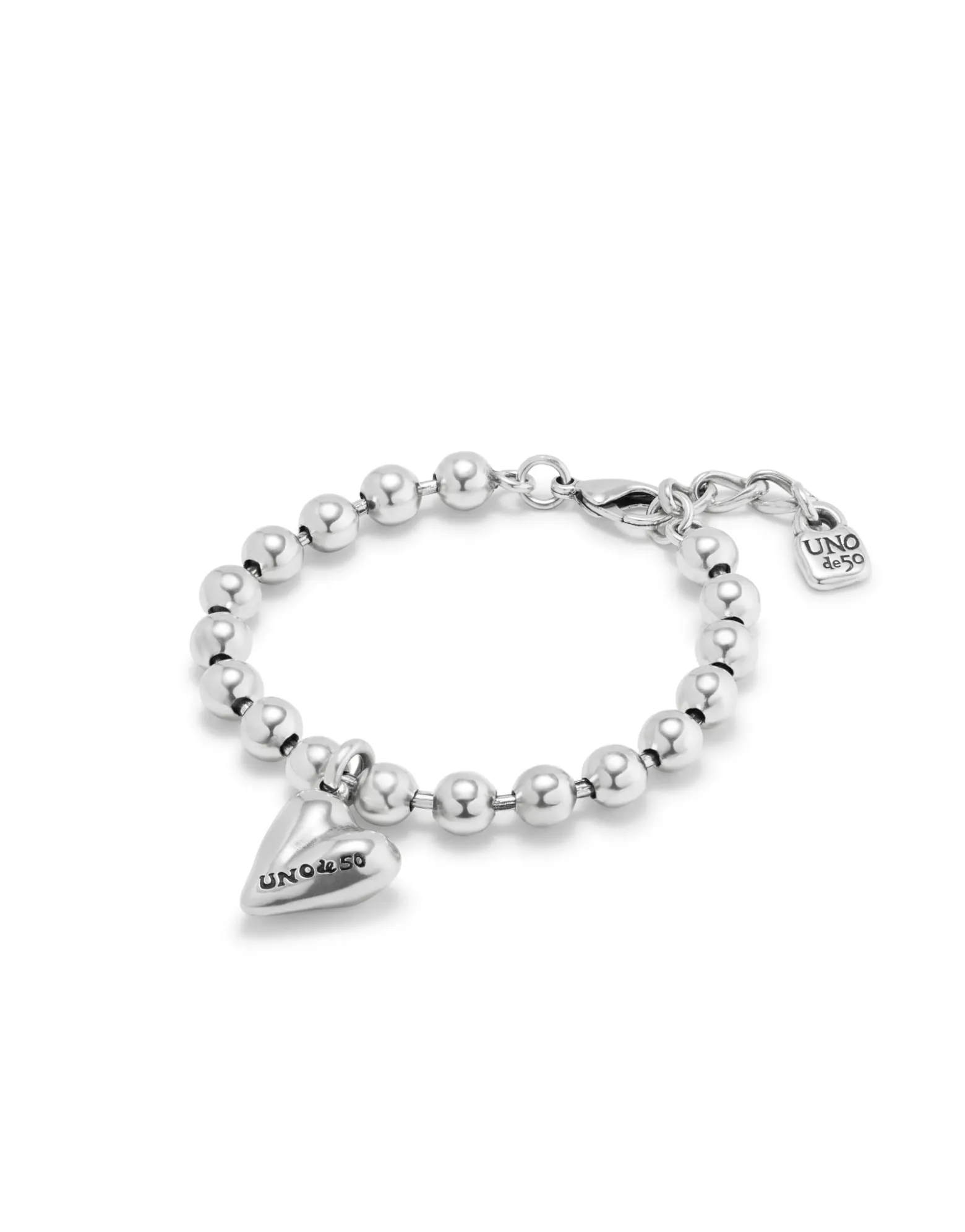 Pulsera bañada en plata de ley con bolas y charm de corazón