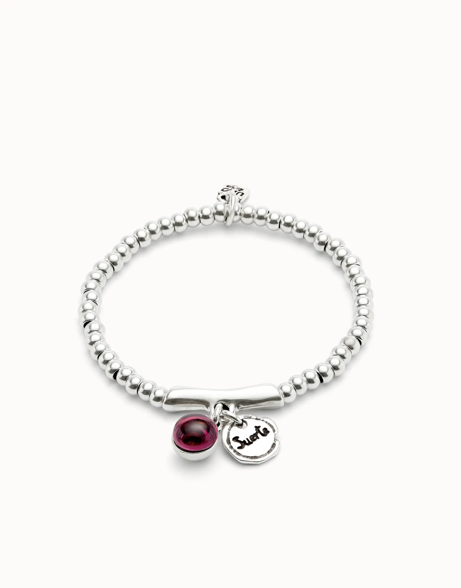 Pulsera bañada en plata de ley, cristal de murano y palabra suerte