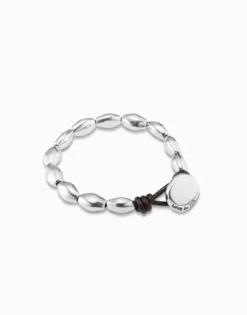 Pulsera bañada en plata de ley y cuero con fornitura ovalada