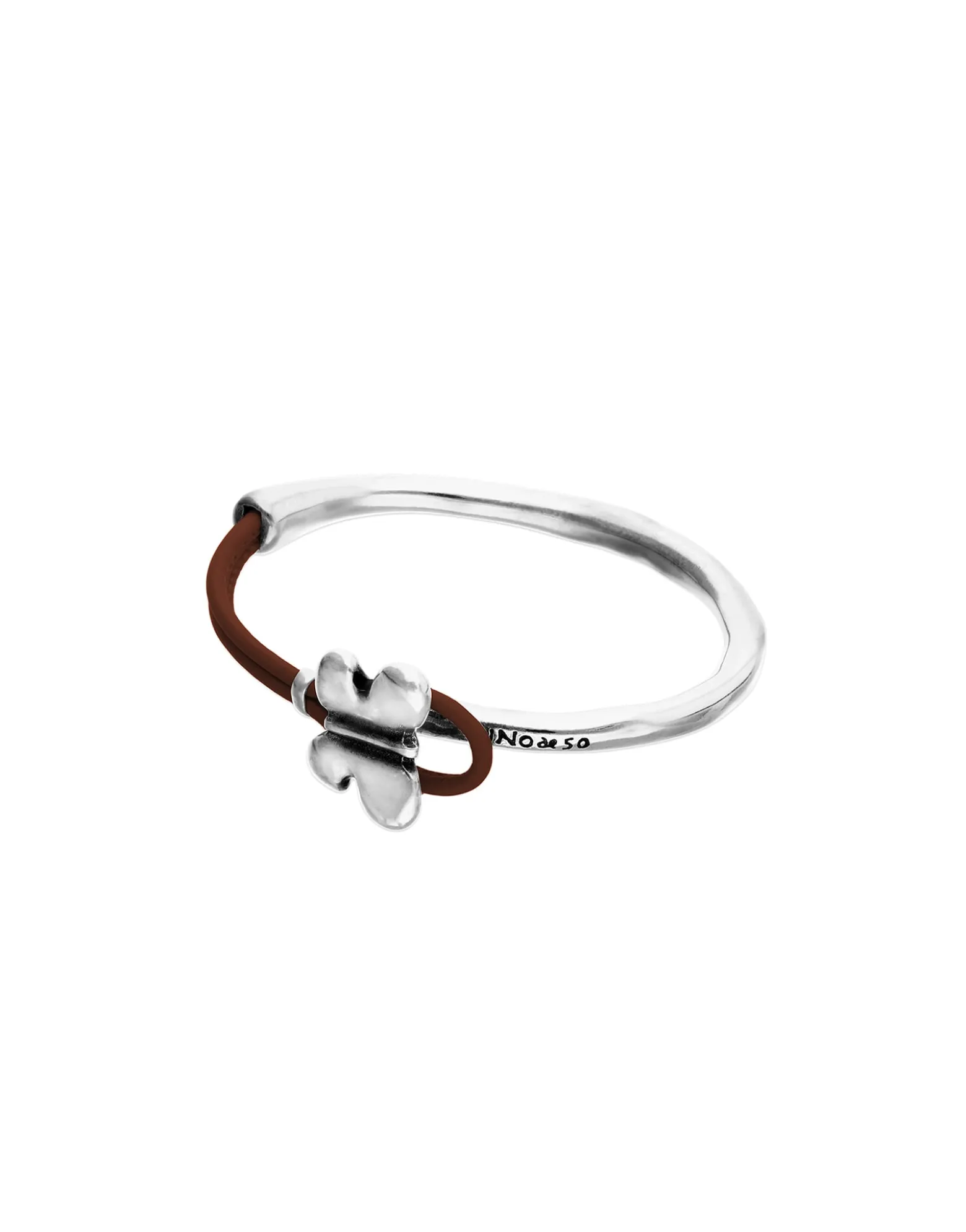 Pulsera combinada en cuero marrón y plata de ley con adorno de mariposa