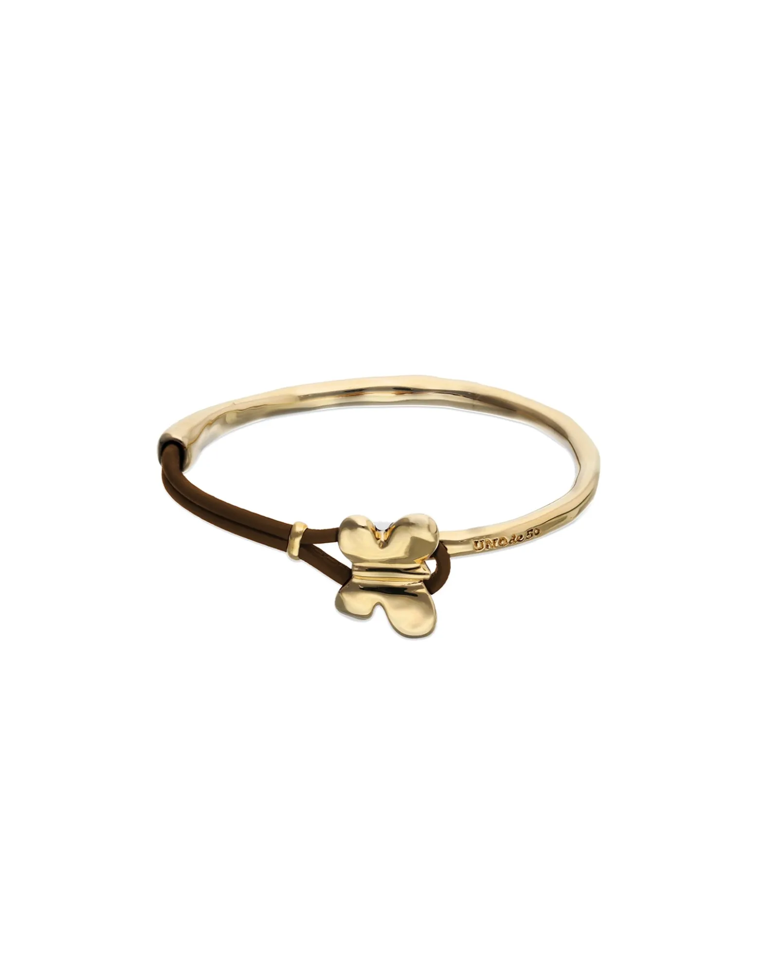 Pulsera combinada en cuero marrón y oro 18k con adorno de mariposa