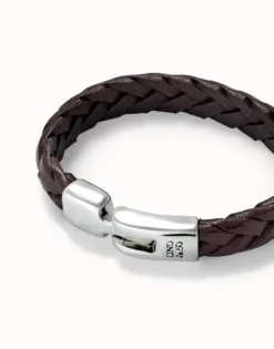 Pulsera cuero trenzada color coñac bañada en plata de ley