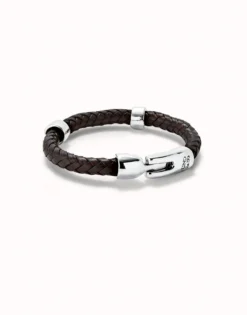Pulsera cuero trenzada con 2 circunferencias bañadas en plata de ley