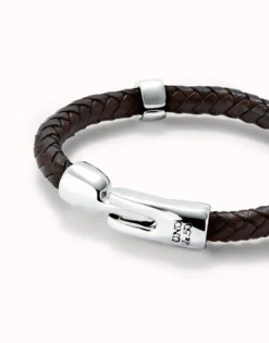 Pulsera cuero trenzada con 2 circunferencias bañadas en plata de ley