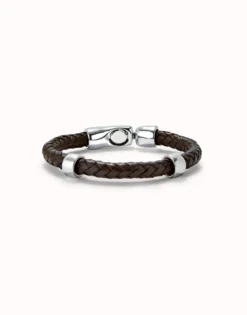 Pulsera cuero trenzada con 2 circunferencias bañadas en plata de ley