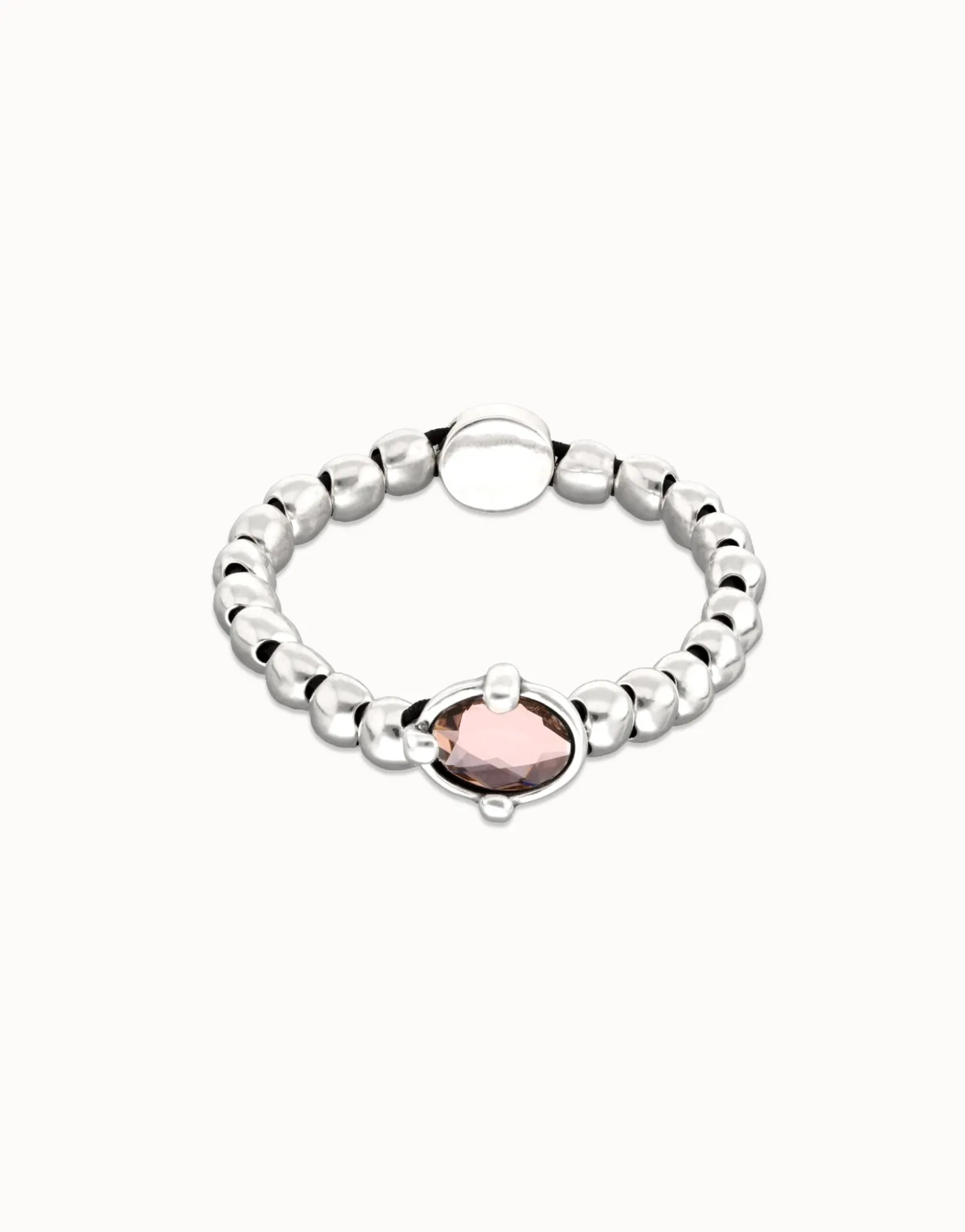 Pulsera de bolas bañada en plata con cristal facetado ovalado rosa