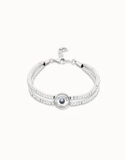 Pulsera de bolas doble bañada en plata de ley con detalle de ojo y cristal azul
