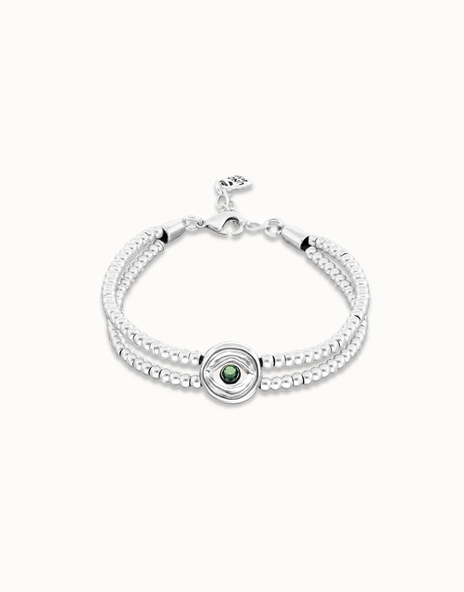 Pulsera de bolas doble bañada en plata de ley con detalle de ojo y cristal verde