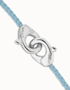 Pulsera de cuero azul con mosquetón entrelazado en plata