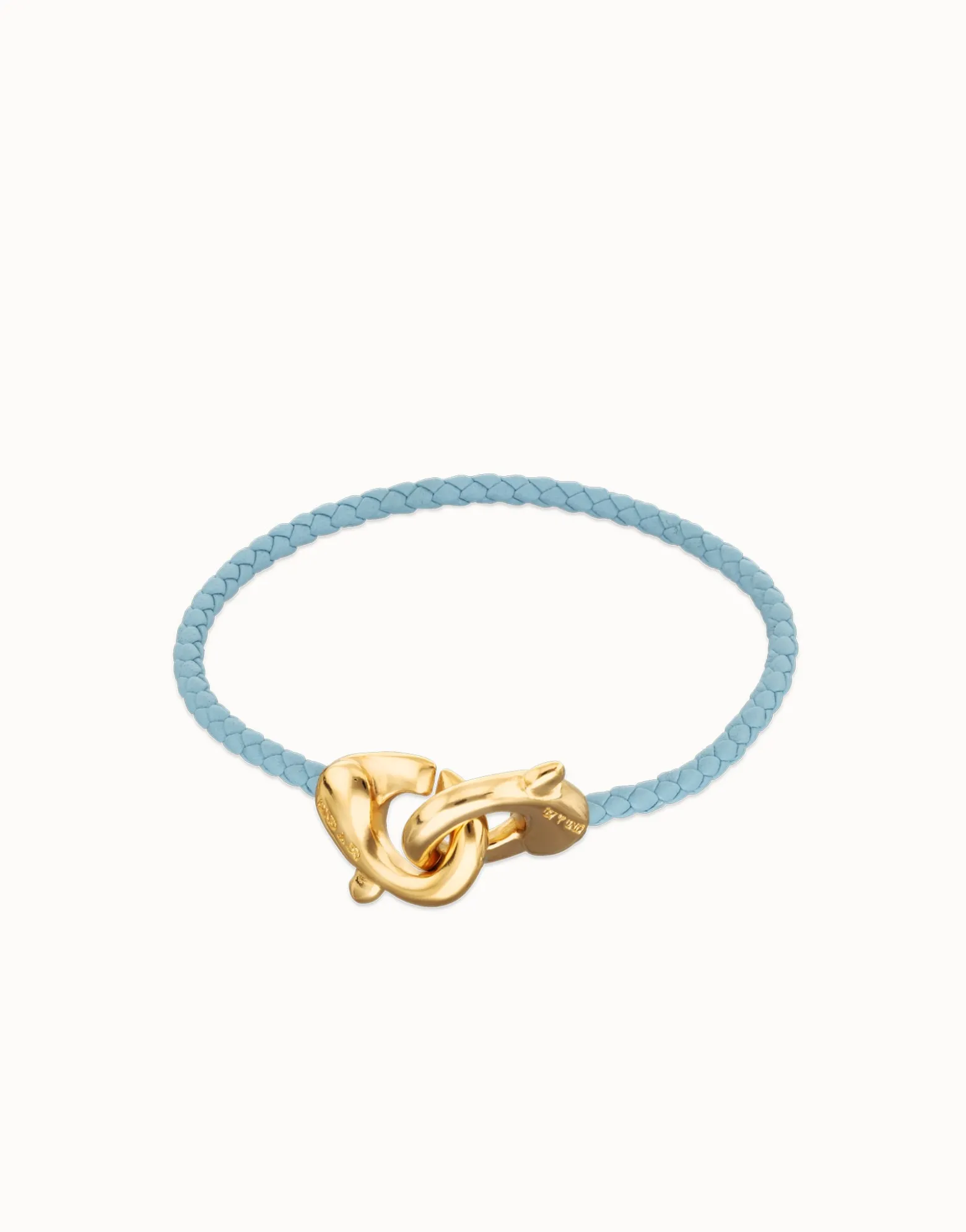 Pulsera de cuero azul con mosquetón entrelazado en oro