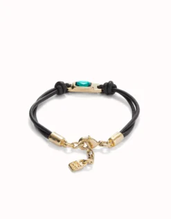 Pulsera de cuero bañada en oro 18k con cristal verde