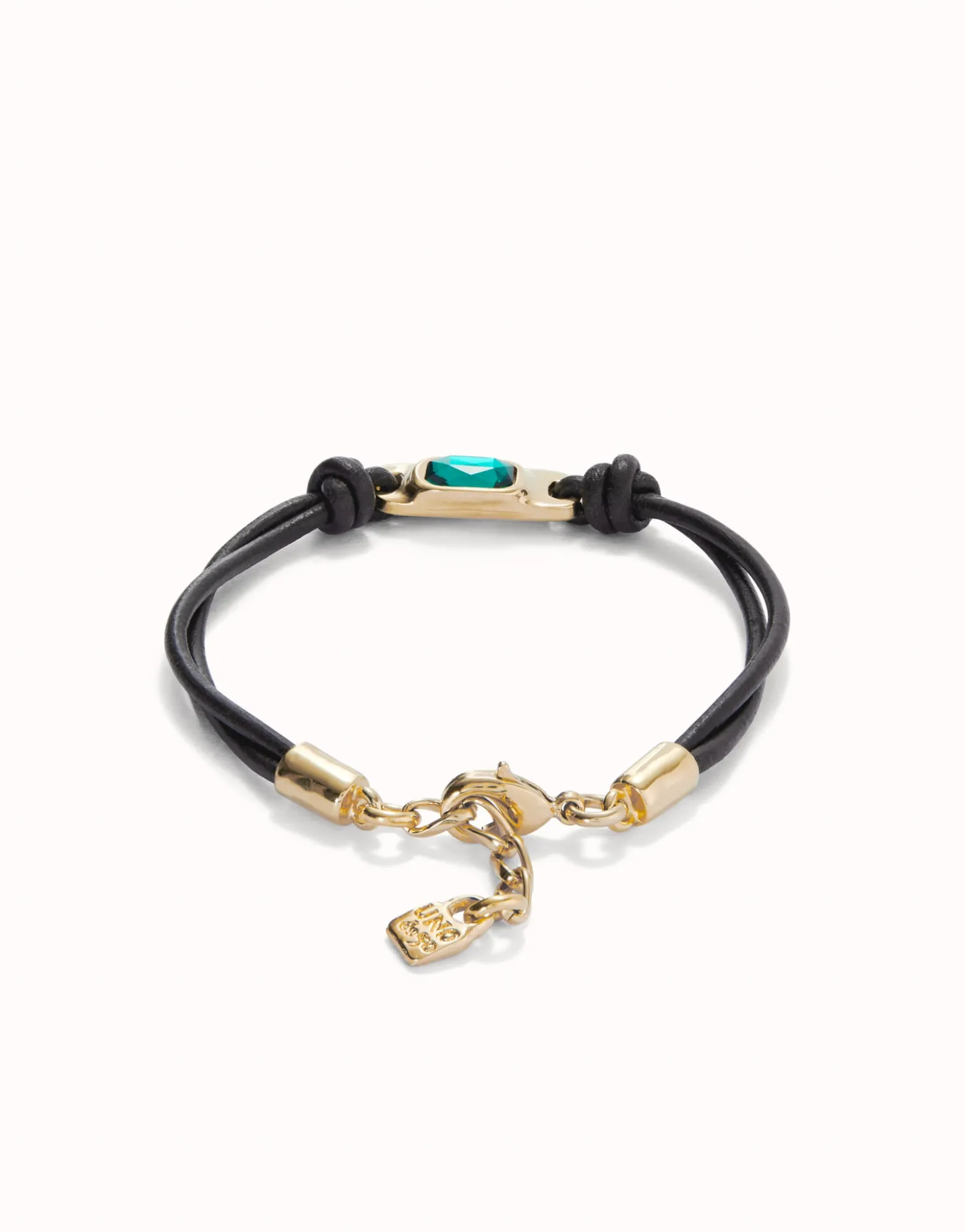 Pulsera de cuero bañada en oro 18k con cristal verde