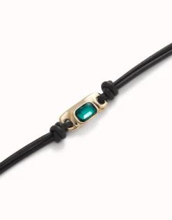 Pulsera de cuero bañada en oro 18k con cristal verde