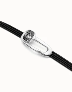 Pulsera de cuero bañada en plata de ley y cristal facetado negro