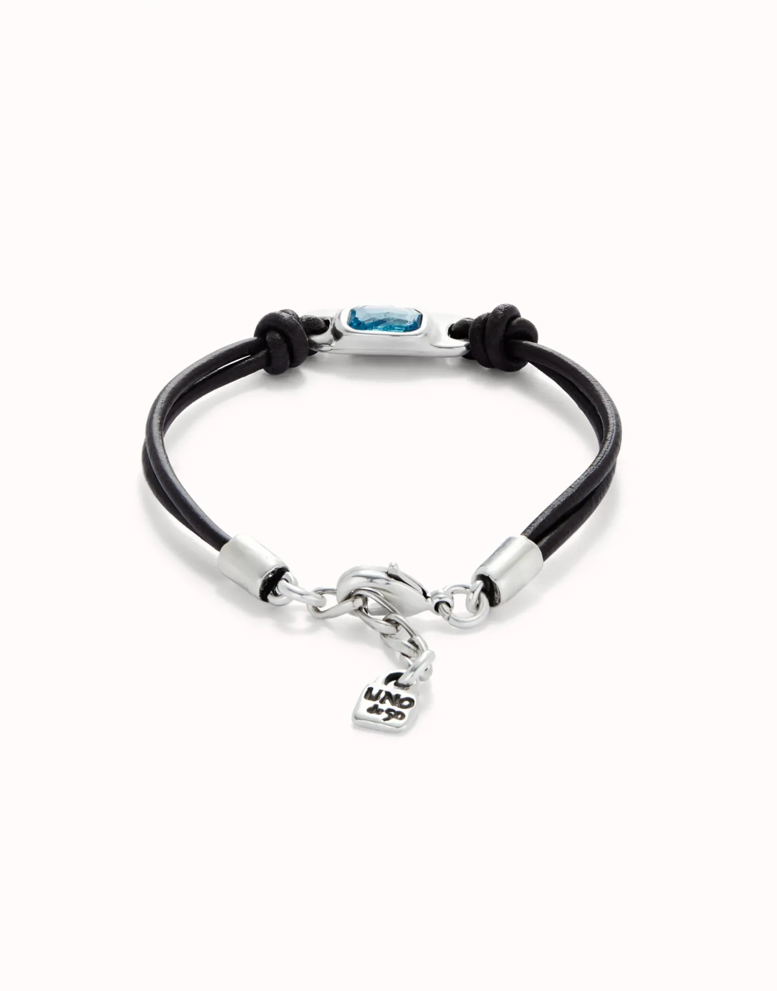 Pulsera de cuero bañada en plata de ley con cristal azul celeste