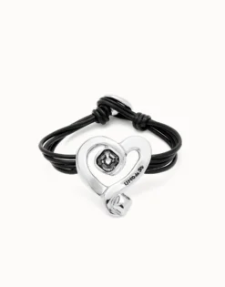 Pulsera de cuero con corazón bañado en plata de ley con cristal negro