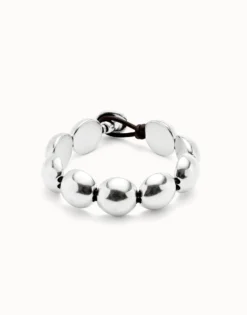 Pulsera de cuero con cuentas grandes redondas bañadas en plata de ley