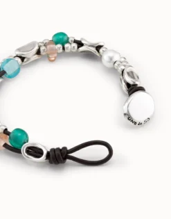 Pulsera de cuero con eslabones bañados en plata de ley y cristales artesales