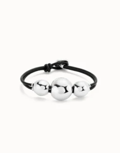 Pulsera de cuero con tres bolas grandes bañadas en plata de ley
