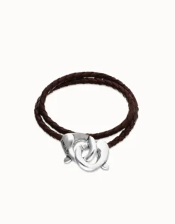 Pulsera de cuero doble marrón con mosquetón entrelazado en plata