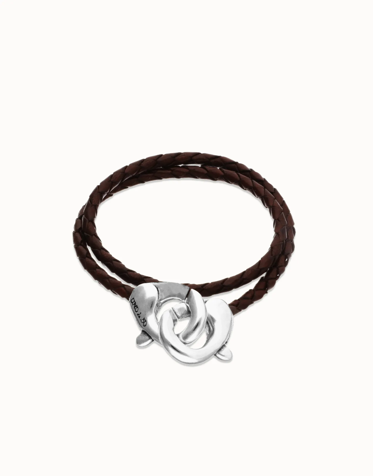 Pulsera de cuero doble marrón con mosquetón entrelazado en plata