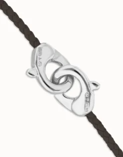 Pulsera de cuero marrón con mosquetón entrelazado en plata