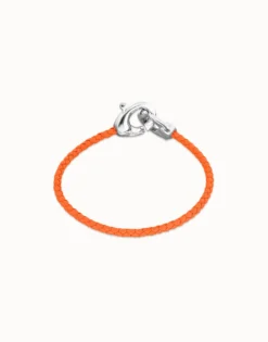 Pulsera de cuero naranja con mosquetón entrelazado en plata