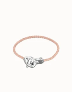 Pulsera de cuero rosa con mosquetón entrelazado en plata