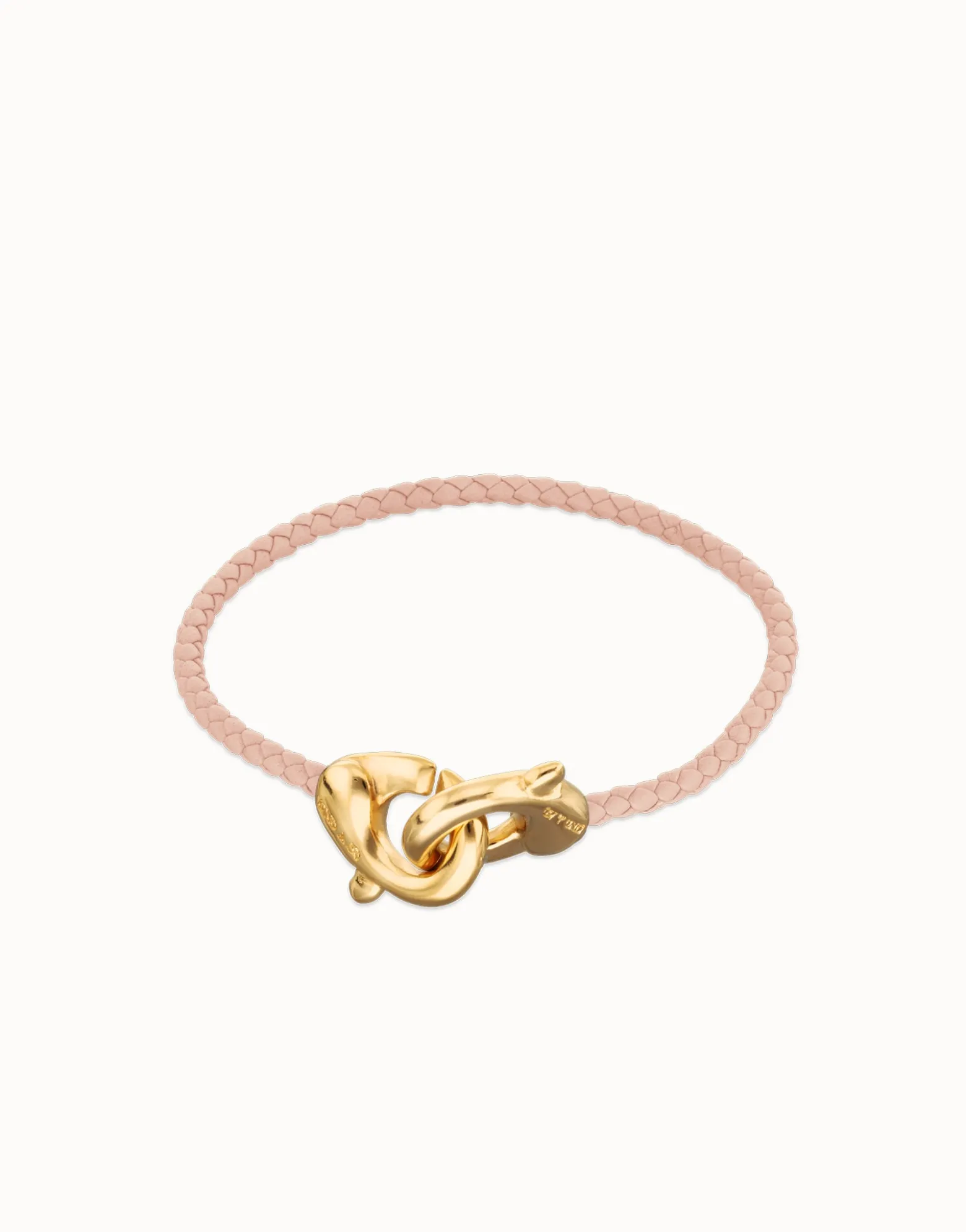 Pulsera de cuero rosa con mosquetón entrelazado en oro