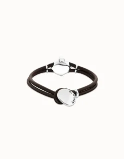 Pulsera de cuero y baño en plata con cristal facetado ovalado negro