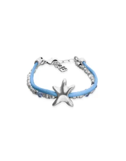 Pulsera de hilo de seda en color azul bañada en plata con estrella de mar